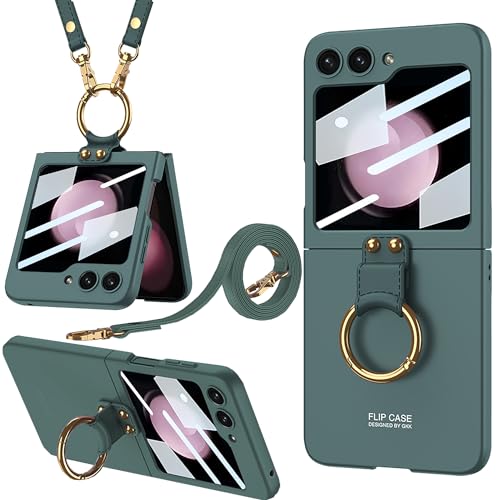 Miimall Kompatibel mit Samsung Galaxy Z Flip 5 Hülle mit Kameraschutz, [Externer Bildschirmschutz] [Band+Ring+Ständer] Stoßfest Handy Schutzhülle für Galaxy Flip 5-Waldgrün von Miimall