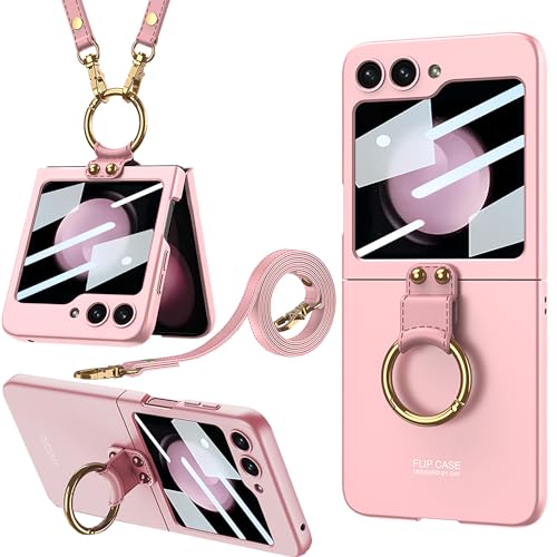 Miimall Kompatibel mit Samsung Galaxy Z Flip 5 Hülle mit Kameraschutz, [Externer Bildschirmschutz] Z Flip 5 Handyhülle mit Band+Ring+Ständer Stoßfest Handy Schutzhülle für Galaxy Z Flip 5-Rosa von Miimall