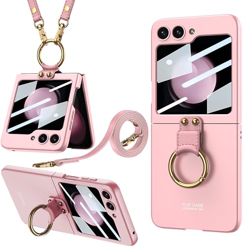 Miimall Kompatibel mit Samsung Galaxy Z Flip 5 Hülle mit Kameraschutz, [Externer Bildschirmschutz] [Band+Ring+Ständer] Stoßfest Handy Schutzhülle für Galaxy Z Flip 5-Rosa von Miimall