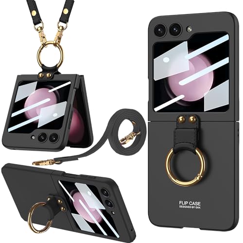 Miimall Kompatibel mit Samsung Galaxy Z Flip 5 Hülle mit Kameraschutz, [Externer Bildschirmschutz] Z Flip 5 Handyhülle mit Band+Ring+Ständer Stoßfest Handy Schutzhülle für Galaxy Z Flip 5-Schwarz von Miimall