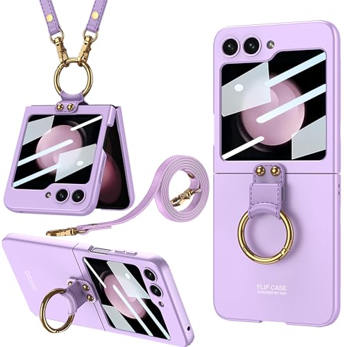 Miimall Kompatibel mit Samsung Galaxy Z Flip 5 Hülle mit Kameraschutz, [Externer Bildschirmschutz] [Band+Ring+Ständer] Stoßfest Handy Schutzhülle für Galaxy Z Flip 5-Violett von Miimall