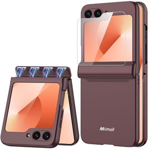 Miimall Kompatibel mit Samsung Galaxy Z Flip 6 Hülle mit Scharnierschutz Magnetischer [Externer Bildschirmschutz] Ultradünn PC Handyhülle für Samsung Galaxy Z Flip 6 2024-Weinrot von Miimall