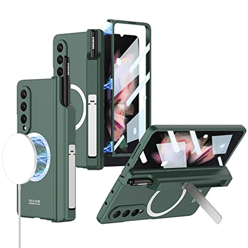 Miimall Kompatibel mit Samsung Galaxy Z Fold 3 Hülle mit Displayschutz, [Magnetischer Scharnierschutz+Stifthalter+Ständer] Kratzfest Stoßfest Ultradünn Mag-Safe Handyhülle für Z Fold 3-Grün von Miimall