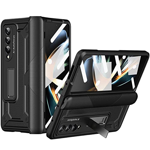 Miimall Kompatibel mit Samsung Galaxy Z Fold 4 Hülle, [Magnetischer Scharnierschutz] Fold 4 Hülle mit Displayschutz Gehärtetes Glas Kratzfest Stoßfest Handyhülle mit Ständer für Z Fold 4-Schwarz von Miimall