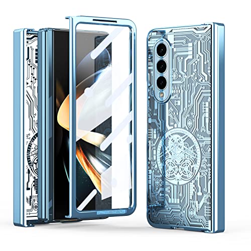Miimall Kompatibel mit Samsung Galaxy Z Fold 4 Hülle mit Displayschutz+Scharnierschutz, [Galvanisiert Mechanisches Muster] Anti-Kratzer Anti-Fingerabdruck Klar Schutzhülle für Galaxy Z Fold 4-Blau von Miimall