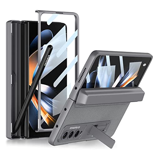 Miimall Kompatibel mit Samsung Galaxy Z Fold 4 Hülle mit Displayschutz+Stifthalter Scharnierschutz, PU Leder Rückseite Hart PC Rahmen Stoßfest Schutzhülle mit Ständer für Z Fold 4 5G 2022-Grau von Miimall