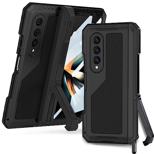 Miimall Kompatibel mit Samsung Galaxy Z Fold 4 Hülle mit Displayschutz, Aluminum+Silikon Fold 4 Hülle mit Scharnierschutz+Stifthalter+Ständer Militärischer Stoßfest Handyhülle für Z Fold 4-Schwarz von Miimall