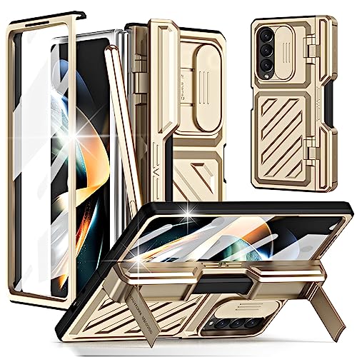 Miimall Kompatibel mit Samsung Galaxy Z Fold 4 Hülle mit S Pen+Stifthalter, Fold 4 Hülle mit Displayschutz+Kameraschutz 360 Grad Scharnier Schutzhülle mit Ständer für Galaxy Z Fold 4 2022-Gold von Miimall