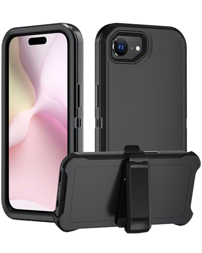 Miimall Kompatibel mit iPhone 16e 2025 Hülle mit Ständer, [Back Cover Clamp Kickstand] [Abnehmbarer Gürtelclip] PC+TPU Militär Stoßfest Schutzhülle Kickstand Case für iPhone 16e 2025-Schwarz von Miimall