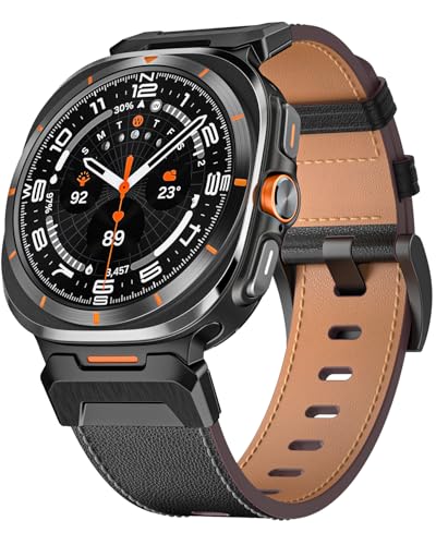 Miimall Leder Armband für Galaxy Watch 7 Ultra Armband 47mm, Echtes Leder Armbänder mit Schnalle aus Edelstahl für Galaxy Watch Ultra Band (2024) Männer Schwarz von Miimall
