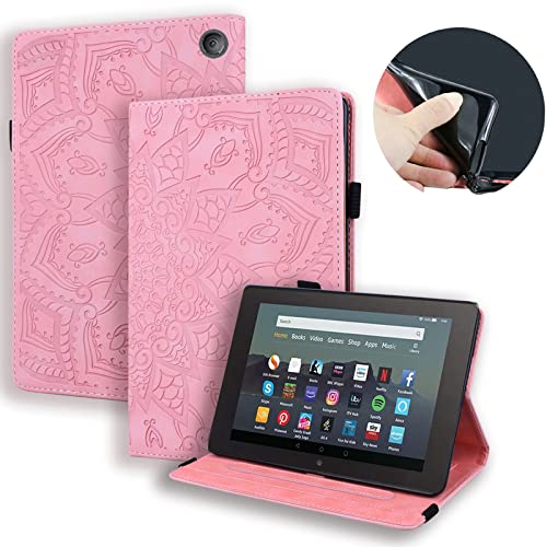 Miimall Leder Hülle Kompatibel mit Kindle Fire 7 Tablet 12th Generation 2022 PU Mit Standfunktion Kartenfach geprägtes Ledertasche Schutzhülle Flip Cover für Amazon Fire 7 2022 Rosa von Miimall