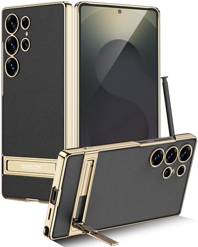Miimall Lederhülle Kompatibel mit Samsung Galaxy S25 Ultra Hülle mit Ständer, Slim Leder Kickstand Case Kratzfest Stoßfest Schutz Case für Samsung S25 Ultra 5G 2025-Schwarz von Miimall
