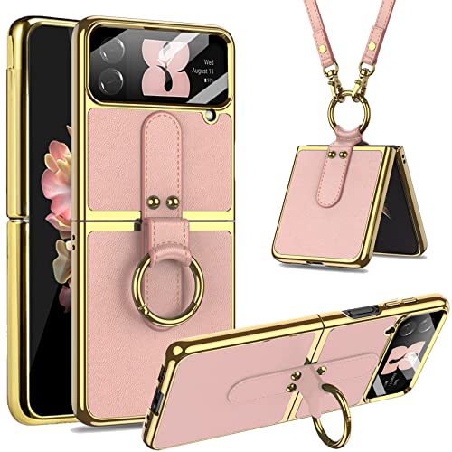 Miimall Lederhülle Kompatibel mit Samsung Galaxy Z Flip 4 Hülle mit Kameraschutz, Z Flip 4 Handyhülle mit Band+Ring+Ständer Galvanisierter Rahmen Stoßfest Schutzhülle Handy für Galaxy Z Flip 4-Rosa von Miimall