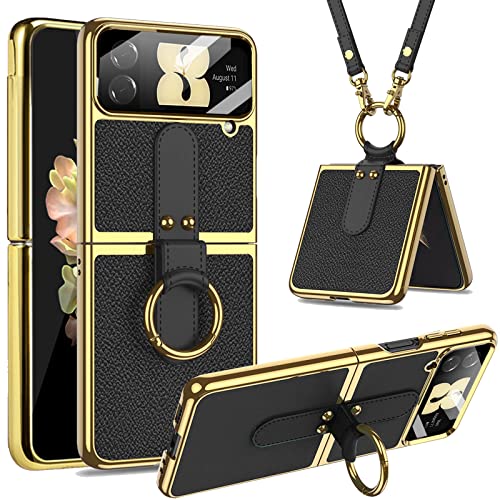 Miimall Lederhülle Kompatibel mit Samsung Galaxy Z Flip 4 Hülle mit Kameraschutz, Z Flip 4 Handyhülle mit Band+Ring+Ständer Galvanisierter Rahmen Stoßfest Schutzhülle Handy für Galaxy Z Flip 4-Schwarz Miimall Lederhülle Kompatibel mit Samsung Galaxy Z Flip 4 Hülle mit Kameraschutz, Z Flip 4 Handyhülle mit Band+Ring+Ständer Galvanisierter Rahmen Stoßfest Schutzhülle Handy für Galaxy Z Flip 4-Schwarz von Miimall
