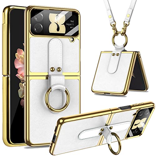Miimall Lederhülle Kompatibel mit Samsung Galaxy Z Flip 4 Hülle mit Kameraschutz, Z Flip 4 Handyhülle mit Band+Ring+Ständer Galvanisierter Rahmen Stoßfest Schutzhülle Handy für Galaxy Z Flip 4-Weiß Miimall Lederhülle Kompatibel mit Samsung Galaxy Z Flip 4 Hülle mit Kameraschutz, Z Flip 4 Handyhülle mit Band+Ring+Ständer Galvanisierter Rahmen Stoßfest Schutzhülle Handy für Galaxy Z Flip 4-Weiß von Miimall