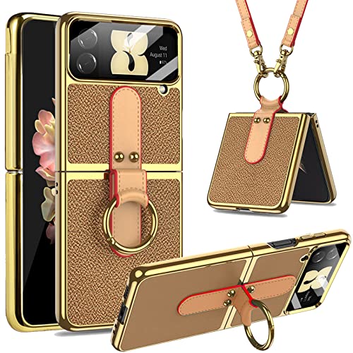Miimall Lederhülle Kompatibel mit Samsung Galaxy Z Flip 4 Hülle mit Kameraschutz, Z Flip 4 Handyhülle mit Band+Ring+Ständer Galvanisierter Rahmen Stoßfest Schutzhülle Handy für Galaxy Z Flip 4-Khaki Miimall Lederhülle Kompatibel mit Samsung Galaxy Z Flip 4 Hülle mit Kameraschutz, Z Flip 4 Handyhülle mit Band+Ring+Ständer Galvanisierter Rahmen Stoßfest Schutzhülle Handy für Galaxy Z Flip 4-Khaki von Miimall