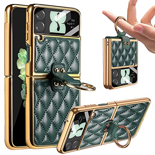 Miimall Lederhülle Kompatibel mit Samsung Galaxy Z Flip 4 Hülle mit Kameraschutz, Z Flip 4 Schut Case mit Ring Ständer Galvanisierter Rahmen Stoßfest Handy Schutzhülle für Galaxy Z Flip 4-Waldgrün von Miimall