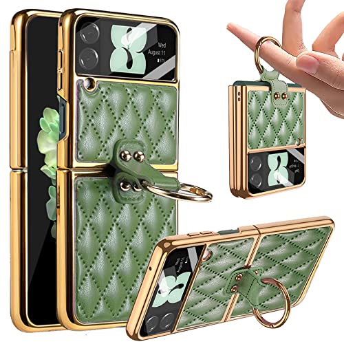 Miimall Lederhülle Kompatibel mit Samsung Galaxy Z Flip 4 Hülle mit Kameraschutz, Z Flip 4 Schut Case mit Ring Ständer Galvanisierter Rahmen Stoßfest Schutzhülle Handy für Galaxy Z Flip 4-Gras Grün von Miimall