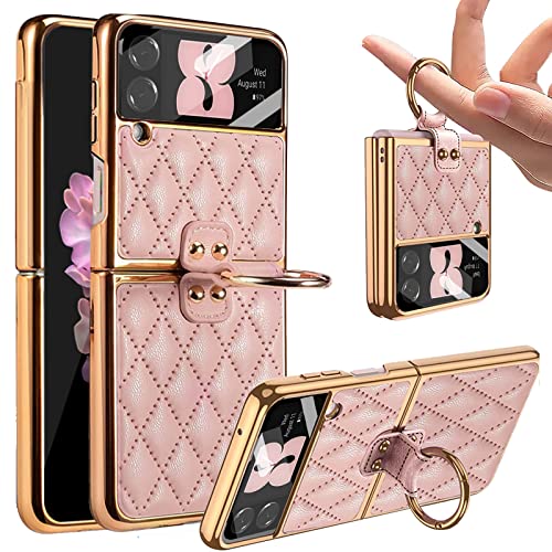 Miimall Lederhülle Kompatibel mit Samsung Galaxy Z Flip 4 Hülle mit Kameraschutz, Z Flip 4 Schut Case mit Ring Ständer Galvanisierter Rahmen Stoßfest Schutzhülle Handyhülle für Galaxy Z Flip 4-Rosa von Miimall