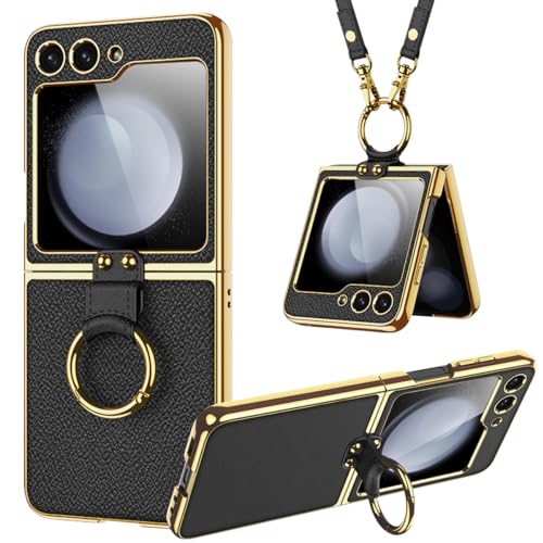 Miimall Lederhülle Kompatibel mit Samsung Galaxy Z Flip 5 Hülle mit Kameraschutz, [Tragbar Band+Ring+Ständer] Galvanisierter Rahmen Stoßfest Schutz Case für Galaxy Z Flip 5-Schwarz von Miimall