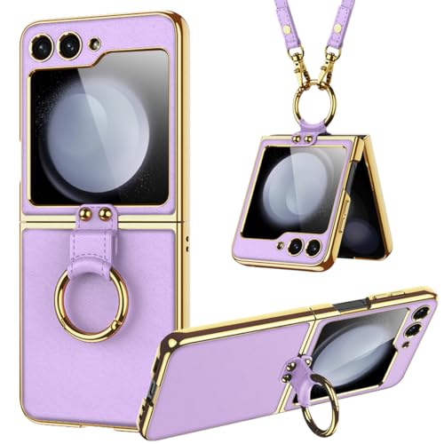 Miimall Lederhülle Kompatibel mit Samsung Galaxy Z Flip 6 Hülle mit Band+Ring Ständer [HD Displayschutz] Galvanisierter Rahmen Stoßfest Schutzhülle für Galaxy Flip 6-Violett von Miimall