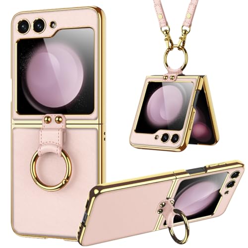 Miimall Lederhülle Kompatibel mit Samsung Galaxy Z Flip 6 Hülle mit Band+Ring Ständer [HD Displayschutz] Galvanisierter Rahmen Stoßfest Schutzhülle für Galaxy Z Flip 6-Rosa von Miimall