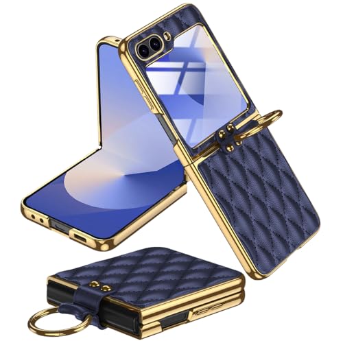 Miimall Lederhülle Kompatibel mit Samsung Galaxy Z Flip 6 Hülle mit Kameraschutz+Ring Ständer Galvanisierter Rahmen Stoßfest Handyhülle für Galaxy Z Flip 6-Blau von Miimall