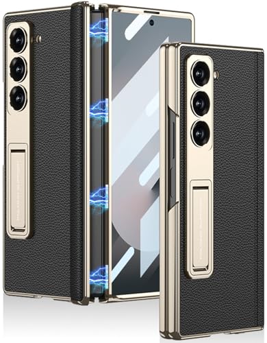 Miimall Lederhülle Kompatibel mit Samsung Galaxy Z Fold 6 Hülle mit Displayschutz+Scharnierschutz, Slim Leder Schutzhülle All Inclusive Stoßfest Kickstand Case für Galaxy Z Fold 6 5G 2024-SchwarzGold von Miimall