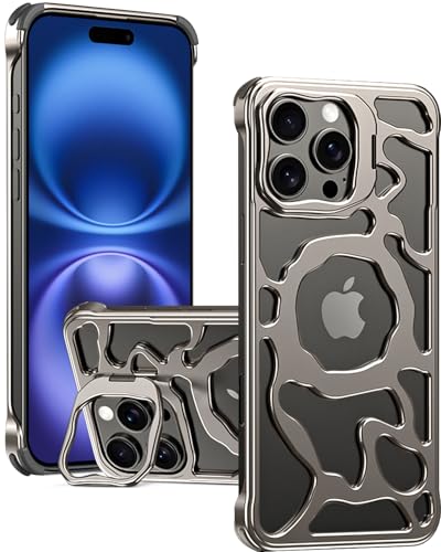Miimall Magnet Hülle Kompatibel mit iPhone 16 Pro Max Hülle mit Ständer, [Hollow Design] [Aluminium] Wärmeabkühlung Anti-Rutsch Stoßfest Militär Schutz Case für iPhone 16 Pro Max-Wüstensand von Miimall