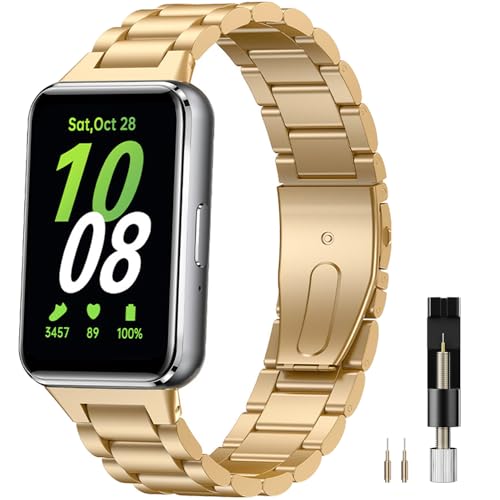 Miimall Metall Armband Kompatibel mit Samsung Galaxy Fit 3 Armband, Edelstahl Doppelte Faltschließe Verstellbares Uhrenarmband Galaxy Fit 3 Ersatzarmband für Samsung Galaxy Fit 3 2024-Gold von Miimall