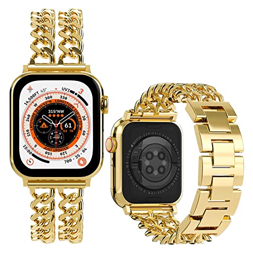 Miimall Metall Band Kompatibel mit Apple Watch Ultra 2/1 Armband 49mm 45mm 44mm 42mm, Edelstahl Doppelketten Herren Damen Metall Armbänder für iWatch Ultra2/1 Series 9 8 7 6 5 4 3 2 1 SE 2/1 -Gold von Miimall