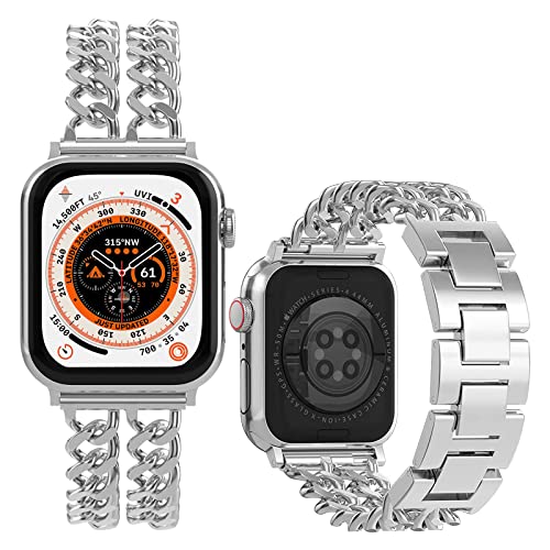 Miimall Metall Band Kompatibel mit Apple Watch Ultra 2/1 Armband 49mm 45mm 44mm 42mm, Edelstahl Doppelketten Herren Damen Metall Armbänder für iWatch Ultra2/1 Series 9 8 7 6 5 4 3 2 1 SE 2/1 -Silber von Miimall