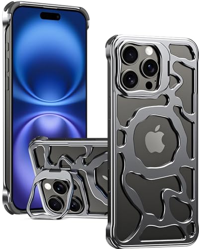 Miimall Metall Hülle Kompatibel mit iPhone 16 Pro Max Hülle mit Mag-Safe, [Hollow Design] Wärmeabkühlung Anti-Rutsch Stoßfest Kickstand Case für iPhone 16 Pro Max 2024-Dunkelgrau von Miimall