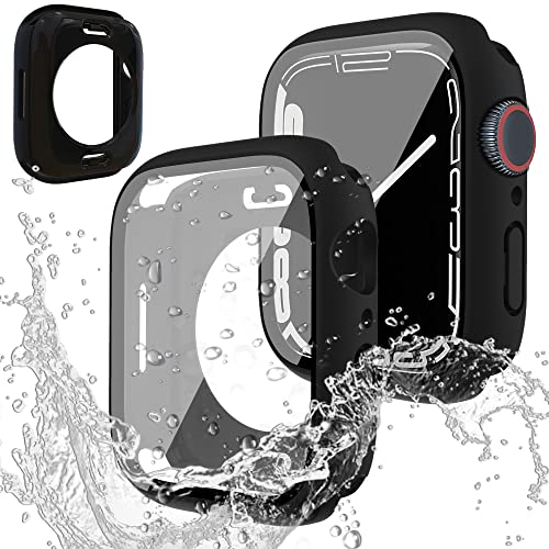 Miimall für Apple Watch Series 9/8/7 41mm wasserdichte Hülle(Rückseite+Vorderseite), All Inklusive PC Schutzhülle mit Displayschutz Glas Stoßfest Schutz Case für iWatch Series 9/8/7 41mm-Schwarz von Miimall