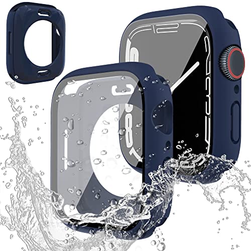 Miimall für Apple Watch Series 9/8/7 45mm wasserdichte Hülle (Rückseite+Vorderseite), All Inklusive PC Schutzhülle mit Displayschutz Glas Stoßfest Schutz Case für iWatch Series 9/8/7 45mm-Blau von Miimall