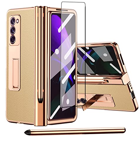 Miimall für Samsung Galaxy Z Fold 2 Hülle mit S Pen, 5 in 1 Design Voller Schutz Case mit Glas Displayschutzfolie + Scharnierschutz + Stift Halter + Ständer Schutzhülle für Galaxy Z Fold 2 - Gold von Miimall