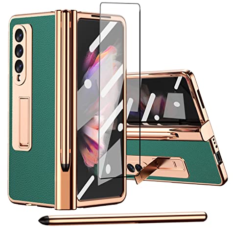 Miimall für Samsung Galaxy Z Fold 3 Hülle mit S Pen, 5 in 1 Design Voller Schutz Case mit Glas Displayschutzfolie + Scharnierschutz + Stift Halter + Ständer Schutzhülle für Galaxy Z Fold 3 - Grün von Miimall