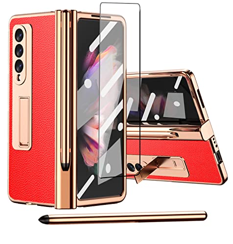 Miimall für Samsung Galaxy Z Fold 3 Hülle mit S Pen, 5 in 1 Design Voller Schutz Case mit Glas Displayschutzfolie + Scharnierschutz + Stift Halter + Ständer Schutzhülle für Galaxy Z Fold 3 - Rot von Miimall