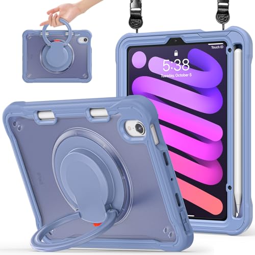 Miimall für iPad Mini 7/6 Schutzhülle (8,3 Zoll, 2024/2021 Modell) 360° Drehbar Ständer Ring und Schultergurt Case Pencil Halter Armor Tragbare Cover für iPad Mini 7 Hülle mit Stifthalter Lavendel von Miimall