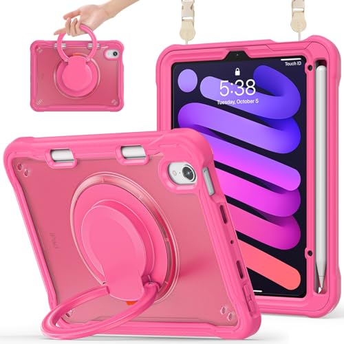 Miimall für iPad mini 7 Hülle 2024 A17 Pro, iPad mini 6 Hülle 2021 8,3 Zoll, Stoßfeste Schutzhülle mit Stifthalter Drehbar Ständer Schultergurt 360 Grad Bumper Cover für iPad mini 7/6 Case Rosa von Miimall