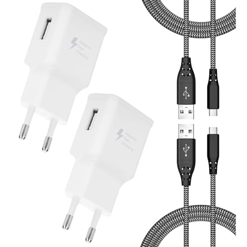 2er-Pack USB Ladegerät und USB C Kabel, Schnellladegerät Netzteil mit Nylon Ladekabel 2M für Samsung Galaxy S23/S22/S21 Ultra/S21+/S20 FE/S10/S9/A54/A53/A34/A14, Google, LG und Viele Mehr Handy von Mijun