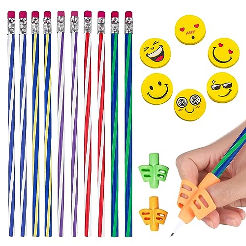 Mikiuly Biegebleistifte Kinder, 10 Stück Bunt Biegsame Bleistifte und 6 Stück Radiergummis und 2 Bleistift Griffe, Gastgeschenk Zauberstift und Radiergummi für Kinder,Party und Weihnachten Geschenk von Mikiuly