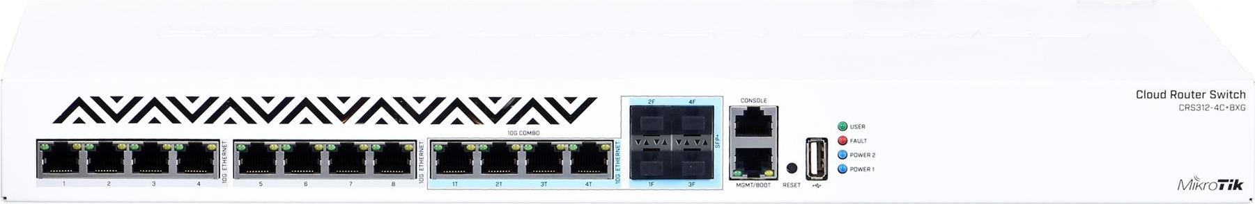 Mikrotik CRS312-4C+8XG-RM. Switch-Ebene: L3. Basic Switching RJ-45 Ethernet Ports-Typ: 10G Ethernet (100/1000/10000), Anzahl der basisschaltenden RJ-45 Ethernet Ports: 8, Anzahl USB 2.0 Anschlüsse: 1, Konsolen-Port: RJ-45. Routing-/Switching-Kapazität: 240 Gbit/s. Netzstecker: AC-in jack. Rack-Einbau, Formfaktor: 1U (CRS312-4C+8XG-RM) von MikroTik