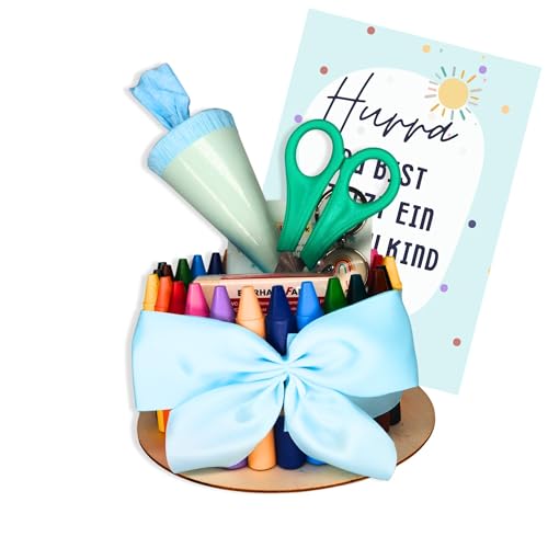 Milaboo® Stifte-Torte Einschulung Mädchen & Jungen I Geschenk zur Einschulung mit Wachsmalstiften, Schutzengel, Karte & Deko-Schultüte (14 cm blau) von Milaboo