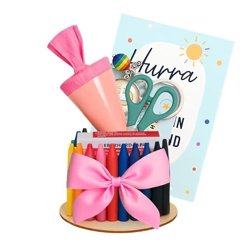 Milaboo® Stifte-Torte Einschulung Mädchen & Jungen I Geschenk zur Einschulung mit Wachsmalstiften, Schutzengel, Karte & Deko-Schultüte (14 cm rosa) von Milaboo
