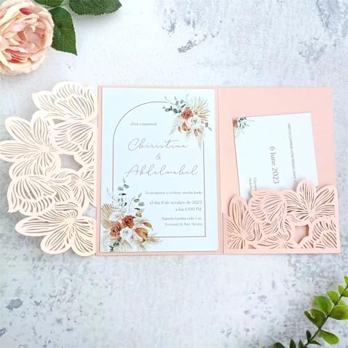 Elegantes rosa Hochzeitseinladungs-Set, Lotusblatt, lasergeschnitten, DIY-Einladung, Taschenumschlag, 20 Sets (Rosa) von MillaSaw