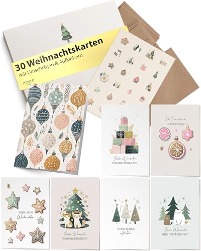 Milula Studios 30 Weihnachtskarten Mit Umschlag - Adventskarten A6 - Karten Weihnachten Set - Christmas Cards - Weihnachtskarte Set Postkarten - Weihnachten Karten Set Für Weihnachten - Set von Milula Studios