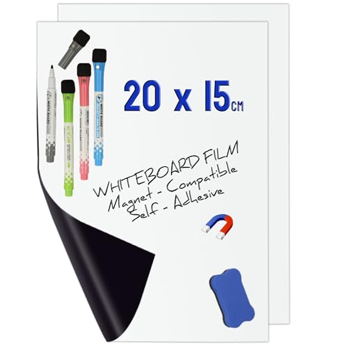 Minadax 2x Mini Whiteboard Folie 20 x 15cm | Magnet Haftend | Zuschneidbar + Stifte + Wischer von Minadax