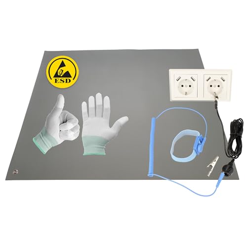 Minadax 40 x 30cm Antistatik ESD Computer Matte Tischmatte „Premiumqualität“ inkl. Manschette + 2,4m Verlängerung + ESD Handschuhe GR-L von Minadax