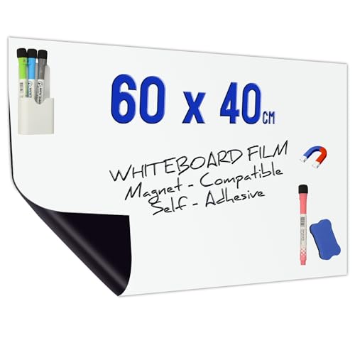 Minadax Whiteboard Folie 60 x 40cm | Magnet Haftend | Zuschneidbar + Stifte mit Halter + Wischer von Minadax